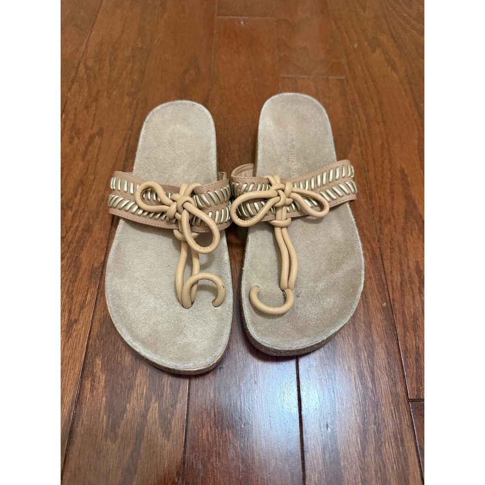 Ulla Johnson Jini Tan Leather Whipstitch Bow  Sandals Slides  size Eu 38